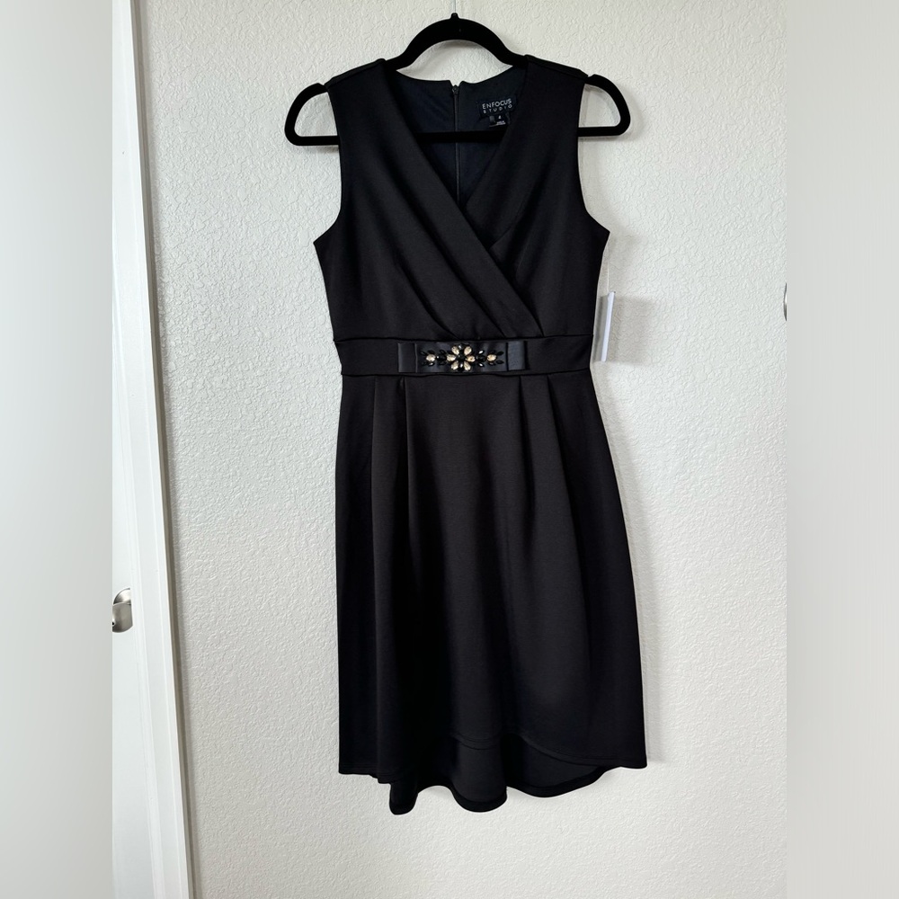 NWT Enfocus Studio Black Dress Sz 4 Embellished waist, hi low hem